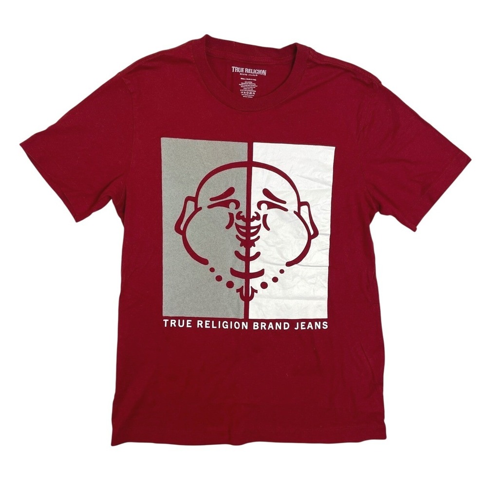 True Religion Mens Red Buddha Graphic T-Shirt Small Split Logo 108323 Cotton Tee